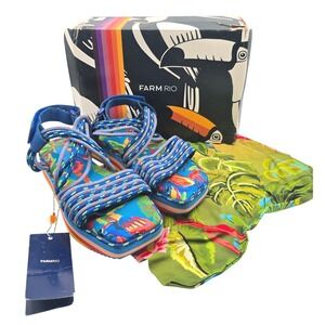 Farm Rio Blue Macaw Platform Rope Sandals Tropical Rainbow Striped 10 NEW